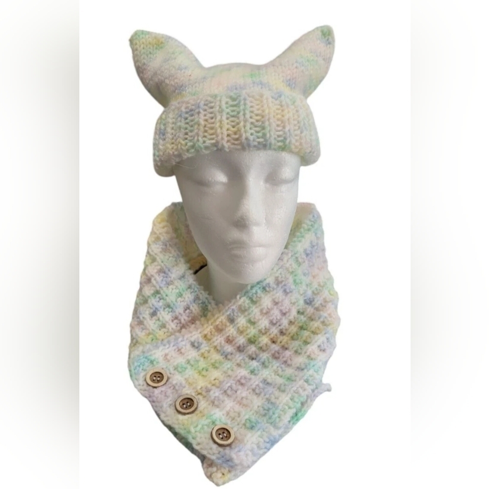 Cat Ear Beanie & Neck Warmer Knit Set Winter Warm Ski Hand Made Waffle Stitch